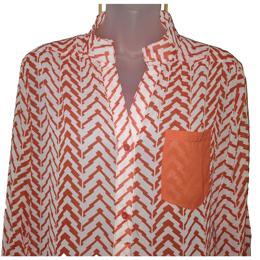 XTAREN Women’s White Orange Chevron Long Sleeve Button Front Top Size S BG28 - Picture 3 of 4